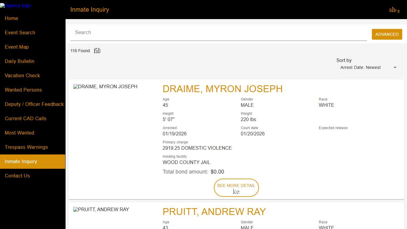 Wood County Sheriff's Office | Police to Citizen - Inmates catalog